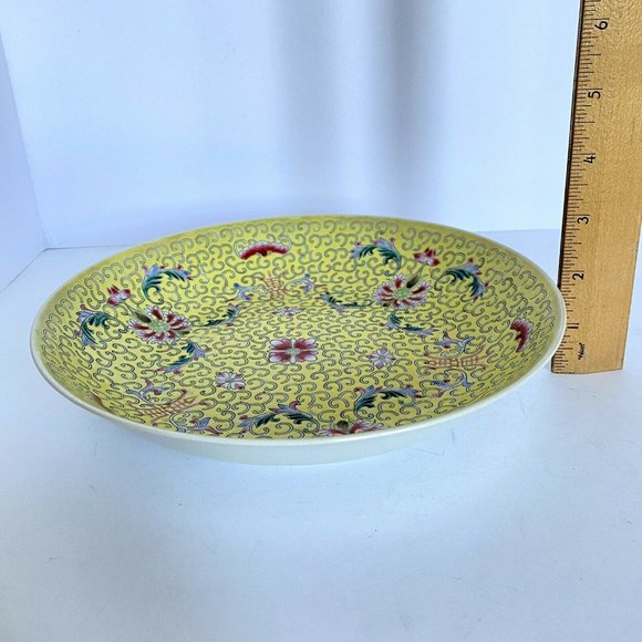 1949-1966 China Famille Juane Yellow Floral Enamel Jingdezhen Shallow Bowl 9” - Picture 6 of 7